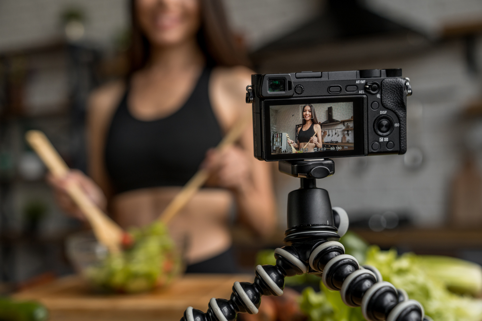 Online influencer girl on social media live steaming healthy food concept